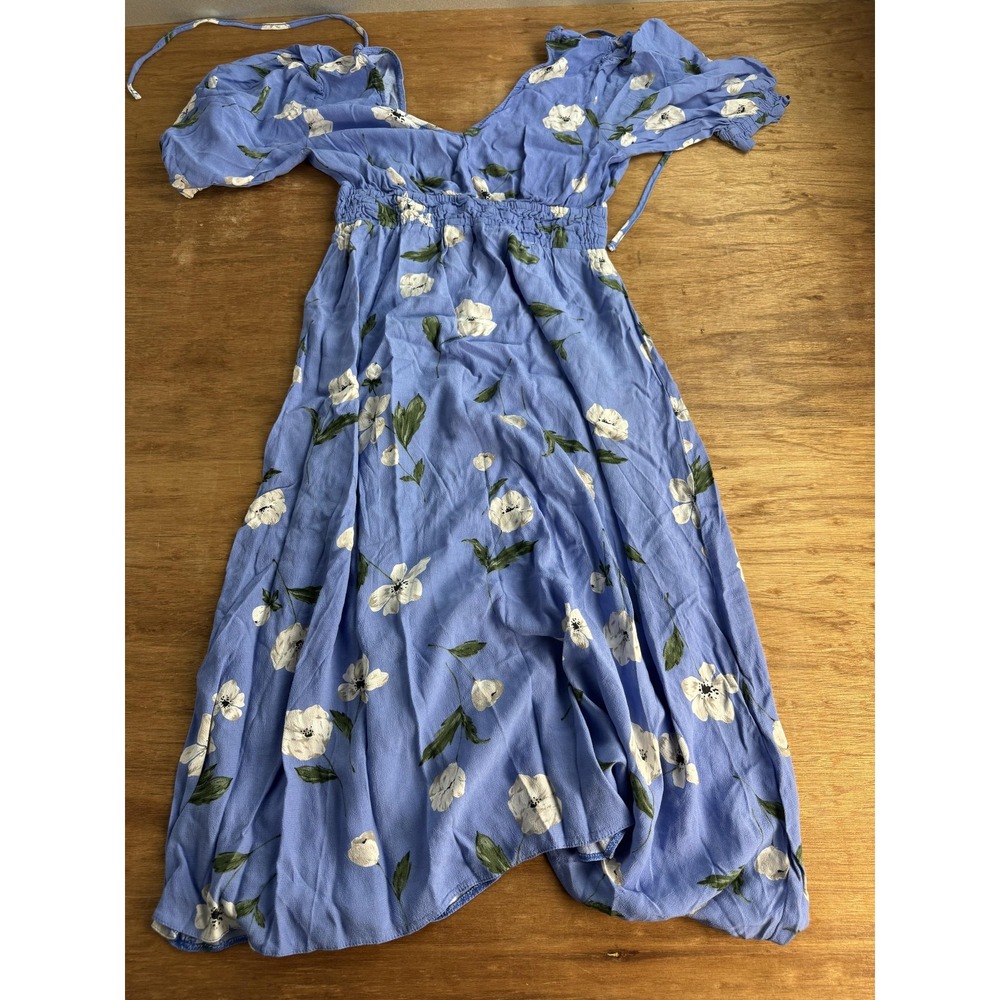Nobody's Child Tea Dress Women's 6 Blue Floral V Neck Midi Sundress Smocked